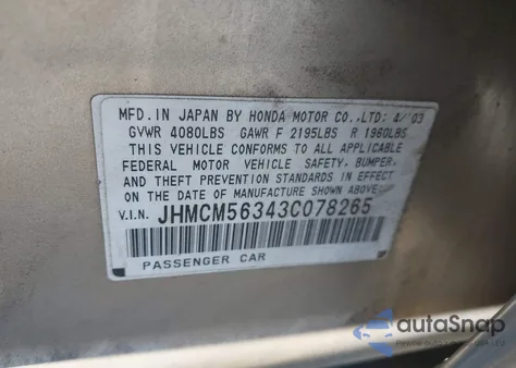2003 Honda Accord 2.4 Lx from USA, damaged, VIN JHMCM56343C078265